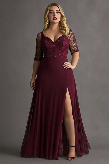 Robe formelle longue en dentelle demi-manches bordeaux grande taille avec fente